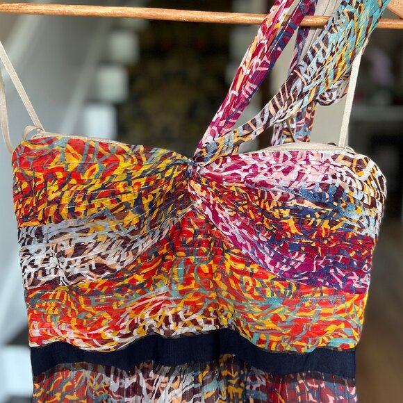 BCBGMaxAzria Inga One-Shoulder Halter Silk Maxi Dress in Begonia Multi Size 8 - Picture 5 of 16